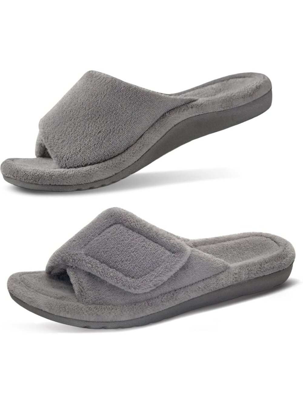 Women's Grey Adjustable Open Toe Orthopedic Arch Support Fuzzy Slippers Slide